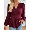 image:imageAstylish Womens Dressy Wrap V Neck Peplum Tops Long Sleeve Cinched Waist Ruched Ruffle Blouses ShirtsBurgundy