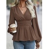 image:imageAstylish Womens Dressy Wrap V Neck Peplum Tops Long Sleeve Cinched Waist Ruched Ruffle Blouses ShirtsChicory Coffee