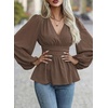 image:imageAstylish Womens Dressy Wrap V Neck Peplum Tops Long Sleeve Cinched Waist Ruched Ruffle Blouses ShirtsChicory Coffee