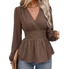 image:imageAstylish Womens Dressy Wrap V Neck Peplum Tops Long Sleeve Cinched Waist Ruched Ruffle Blouses ShirtsChicory Coffee