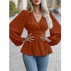 image:imageAstylish Womens Dressy Wrap V Neck Peplum Tops Long Sleeve Cinched Waist Ruched Ruffle Blouses ShirtsCinnamon