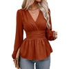image:imageAstylish Womens Dressy Wrap V Neck Peplum Tops Long Sleeve Cinched Waist Ruched Ruffle Blouses ShirtsCinnamon