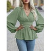 image:imageAstylish Womens Dressy Wrap V Neck Peplum Tops Long Sleeve Cinched Waist Ruched Ruffle Blouses ShirtsGrass Green