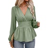 image:imageAstylish Womens Dressy Wrap V Neck Peplum Tops Long Sleeve Cinched Waist Ruched Ruffle Blouses ShirtsGrass Green