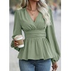 image:imageAstylish Womens Dressy Wrap V Neck Peplum Tops Long Sleeve Cinched Waist Ruched Ruffle Blouses ShirtsGrass Green
