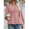 image:imageAstylish Womens Dressy Wrap V Neck Peplum Tops Long Sleeve Cinched Waist Ruched Ruffle Blouses ShirtsPink