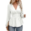 image:imageAstylish Womens Dressy Wrap V Neck Peplum Tops Long Sleeve Cinched Waist Ruched Ruffle Blouses ShirtsWhite