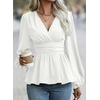 image:imageAstylish Womens Dressy Wrap V Neck Peplum Tops Long Sleeve Cinched Waist Ruched Ruffle Blouses ShirtsWhite
