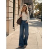 image:imageAstylish Womens Wide Leg High Waisted Denim Pants  Front PocketsStraight LegStyleRetro DenimWith StitchingBluing