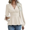 image:imageAstylish Womens Dressy Wrap V Neck Peplum Tops Long Sleeve Cinched Waist Ruched Ruffle Blouses ShirtsApricot