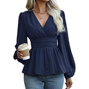 image:imageAstylish Womens Dressy Wrap V Neck Peplum Tops Long Sleeve Cinched Waist Ruched Ruffle Blouses ShirtsBluing