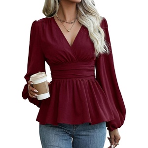 image:imageAstylish Womens Dressy Wrap V Neck Peplum Tops Long Sleeve Cinched Waist Ruched Ruffle Blouses ShirtsBurgundy