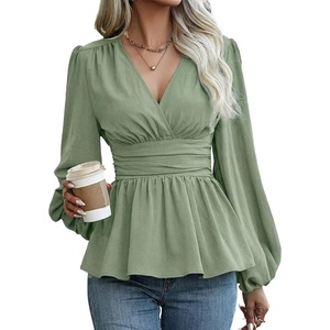image:imageAstylish Womens Dressy Wrap V Neck Peplum Tops Long Sleeve Cinched Waist Ruched Ruffle Blouses ShirtsGrass Green