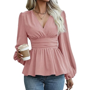 image:imageAstylish Womens Dressy Wrap V Neck Peplum Tops Long Sleeve Cinched Waist Ruched Ruffle Blouses ShirtsPink