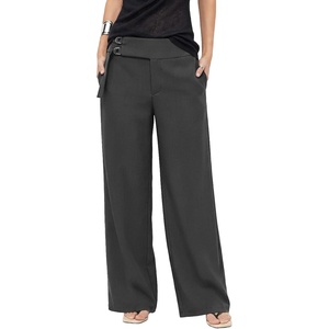 image:imageAstylish Womens High Waisted Wide Leg Pants  Double Ring BeltSide PocketsFall Dress TrousersCarbon Grey