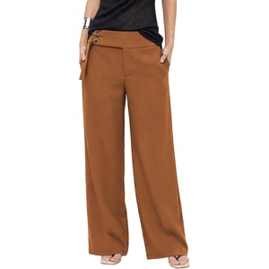 image:imageAstylish Womens High Waisted Wide Leg Pants  Double Ring BeltSide PocketsFall Dress TrousersCoffee
