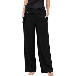 image:imageAstylish Womens High Waisted Wide Leg Pants  Double Ring BeltSide PocketsFall Dress TrousersColor Black