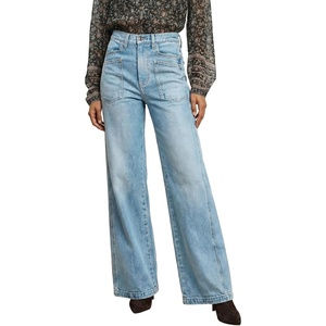 image:imageAstylish Womens Wide Leg High Waisted Denim Pants  Front PocketsStraight LegStyleRetro DenimWith StitchingAshleigh Blue