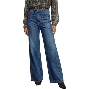 image:imageAstylish Womens Wide Leg High Waisted Denim Pants  Front PocketsStraight LegStyleRetro DenimWith StitchingBluing