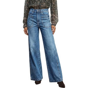 image:imageAstylish Womens Wide Leg High Waisted Denim Pants  Front PocketsStraight LegStyleRetro DenimWith StitchingWild Wind