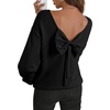 image:imageAstylish Womens 2026 Open Back Bow Pullover Sweaters Fall Fashion Outfits  Ballon Long Sleeve Soft Knit Cute Loose Fit Business Casual TopsBlack