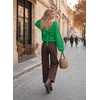 image:imageAstylish Womens 2026 Open Back Bow Pullover Sweaters Fall Fashion Outfits  Ballon Long Sleeve Soft Knit Cute Loose Fit Business Casual TopsDark Green