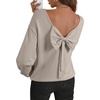 image:imageAstylish Womens 2026 Open Back Bow Pullover Sweaters Fall Fashion Outfits  Ballon Long Sleeve Soft Knit Cute Loose Fit Business Casual TopsGray