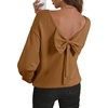 image:imageAstylish Womens 2026 Open Back Bow Pullover Sweaters Fall Fashion Outfits  Ballon Long Sleeve Soft Knit Cute Loose Fit Business Casual TopsMustard