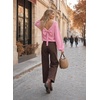image:imageAstylish Womens 2026 Open Back Bow Pullover Sweaters Fall Fashion Outfits  Ballon Long Sleeve Soft Knit Cute Loose Fit Business Casual TopsPink