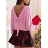 image:imageAstylish Womens 2026 Open Back Bow Pullover Sweaters Fall Fashion Outfits  Ballon Long Sleeve Soft Knit Cute Loose Fit Business Casual TopsPink