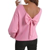 image:imageAstylish Womens 2026 Open Back Bow Pullover Sweaters Fall Fashion Outfits  Ballon Long Sleeve Soft Knit Cute Loose Fit Business Casual TopsPink