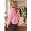 image:imageAstylish Womens 2026 Open Back Bow Pullover Sweaters Fall Fashion Outfits  Ballon Long Sleeve Soft Knit Cute Loose Fit Business Casual TopsPink
