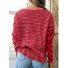 image:imageAstylish Womens 2026 Striped Long Sleeve Blouses Oversized Fall Fashion  Outfits Soft Waffle Knit Cute Patchwork Design Comfort Thumbhole Cuffs Crewneck Business Casual OutfitsRed Stripe
