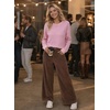 image:imageAstylish Womens 2026 Striped Long Sleeve Blouses Oversized Fall Fashion  Outfits Soft Waffle Knit Cute Patchwork Design Comfort Thumbhole Cuffs Crewneck Business Casual OutfitsPink Stripe