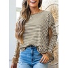 image:imageAstylish Womens 2026 Striped Long Sleeve Blouses Oversized Fall Fashion  Outfits Soft Waffle Knit Cute Patchwork Design Comfort Thumbhole Cuffs Crewneck Business Casual OutfitsKhaki Brown Stripe