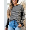 image:imageAstylish Womens 2026 Striped Long Sleeve Blouses Oversized Fall Fashion  Outfits Soft Waffle Knit Cute Patchwork Design Comfort Thumbhole Cuffs Crewneck Business Casual OutfitsBlack Stripe
