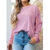 image:imageAstylish Womens 2026 Striped Long Sleeve Blouses Oversized Fall Fashion  Outfits Soft Waffle Knit Cute Patchwork Design Comfort Thumbhole Cuffs Crewneck Business Casual OutfitsPink Stripe