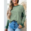 image:imageAstylish Womens 2026 Striped Long Sleeve Blouses Oversized Fall Fashion  Outfits Soft Waffle Knit Cute Patchwork Design Comfort Thumbhole Cuffs Crewneck Business Casual OutfitsGreen Stripe