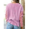 image:imageAstylish Womens 2026 Striped Long Sleeve Blouses Oversized Fall Fashion  Outfits Soft Waffle Knit Cute Patchwork Design Comfort Thumbhole Cuffs Crewneck Business Casual OutfitsPink Stripe
