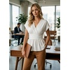 image:imageAstylish Womens Cap Sleeve V Neck Cinched Waist Business Casual Peplum Tops  Elegant Dressy TopsDate NightGoing Out OutfitsFlowy BlouseSmocked Ruched Waist ShirtsTrendy Teacher OutfitsWhite