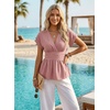 image:imageAstylish Womens Cap Sleeve V Neck Cinched Waist Business Casual Peplum Tops  Elegant Dressy TopsDate NightGoing Out OutfitsFlowy BlouseSmocked Ruched Waist ShirtsTrendy Teacher OutfitsFushia