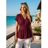 image:imageAstylish Womens Cap Sleeve V Neck Cinched Waist Business Casual Peplum Tops  Elegant Dressy TopsDate NightGoing Out OutfitsFlowy BlouseSmocked Ruched Waist ShirtsTrendy Teacher OutfitsBurgundy