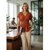 image:imageAstylish Womens Cap Sleeve V Neck Cinched Waist Business Casual Peplum Tops  Elegant Dressy TopsDate NightGoing Out OutfitsFlowy BlouseSmocked Ruched Waist ShirtsTrendy Teacher OutfitsCinnamon