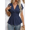 image:imageAstylish Womens Cap Sleeve V Neck Cinched Waist Business Casual Peplum Tops  Elegant Dressy TopsDate NightGoing Out OutfitsFlowy BlouseSmocked Ruched Waist ShirtsTrendy Teacher OutfitsDirty Blue