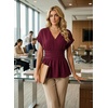 image:imageAstylish Womens Cap Sleeve V Neck Cinched Waist Business Casual Peplum Tops  Elegant Dressy TopsDate NightGoing Out OutfitsFlowy BlouseSmocked Ruched Waist ShirtsTrendy Teacher OutfitsBurgundy