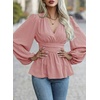 image:imageAstylish Womens Dressy Wrap V Neck Cinched Waist Going Out Peplum Tops  Puff Long SleeveBusiness CasualElegantDate Night OutfitRuched Ruffle ShirtsTrendy Smocked Blouses2026 Cute Fall TopsPink