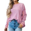 image:imageAstylish Womens 2026 Striped Long Sleeve Blouses Oversized Fall Fashion  Outfits Soft Waffle Knit Cute Patchwork Design Comfort Thumbhole Cuffs Crewneck Business Casual OutfitsPink Stripe