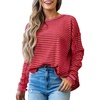image:imageAstylish Womens 2026 Striped Long Sleeve Blouses Oversized Fall Fashion  Outfits Soft Waffle Knit Cute Patchwork Design Comfort Thumbhole Cuffs Crewneck Business Casual OutfitsRed Stripe