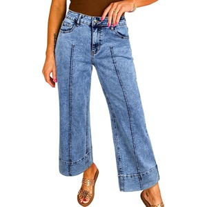 image:imageAstylish Women 2026 Wide Leg Jeans High Waisted Cropped Ankle Denim Pants  with Vertical Seams Stretchy Breathable CasualBlue