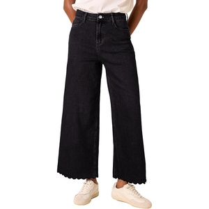 image:imageAstylish Womens High Waisted Jeans Stretchy Wide Straight Leg Loose Trendy Scalloped Hem Denim PantsColor Black